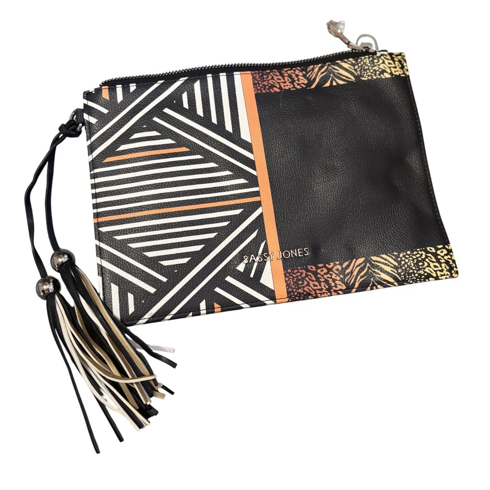 Sassy Jones Clutch Zippered Purse Handbag Black White Orange Animal Print Tassel